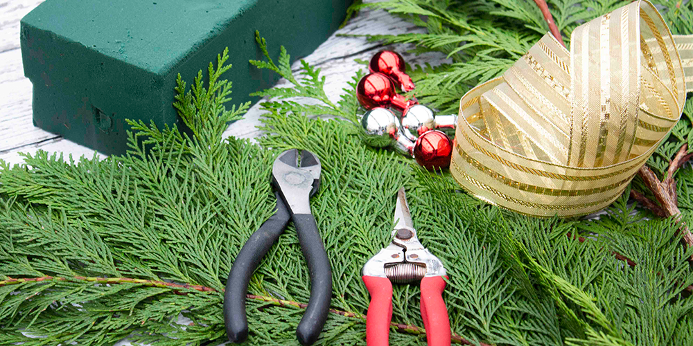 DIY Whoville Tree supplies - wire cutters, decorations, cedar, ribbons
