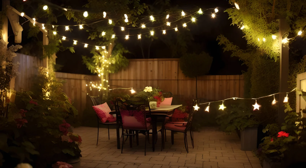 Salisbury Greenhouse-Sherwood Park-Alberta-Atmospheric Nighttime Lighting-Patio with String Lights