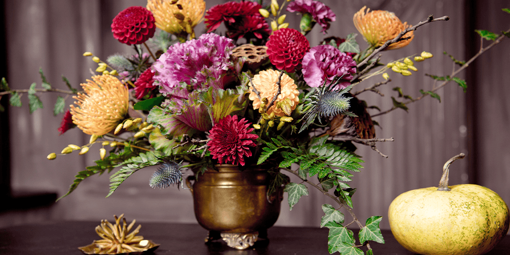 Salisbury at enjoy floral studio fall bouquet on table
