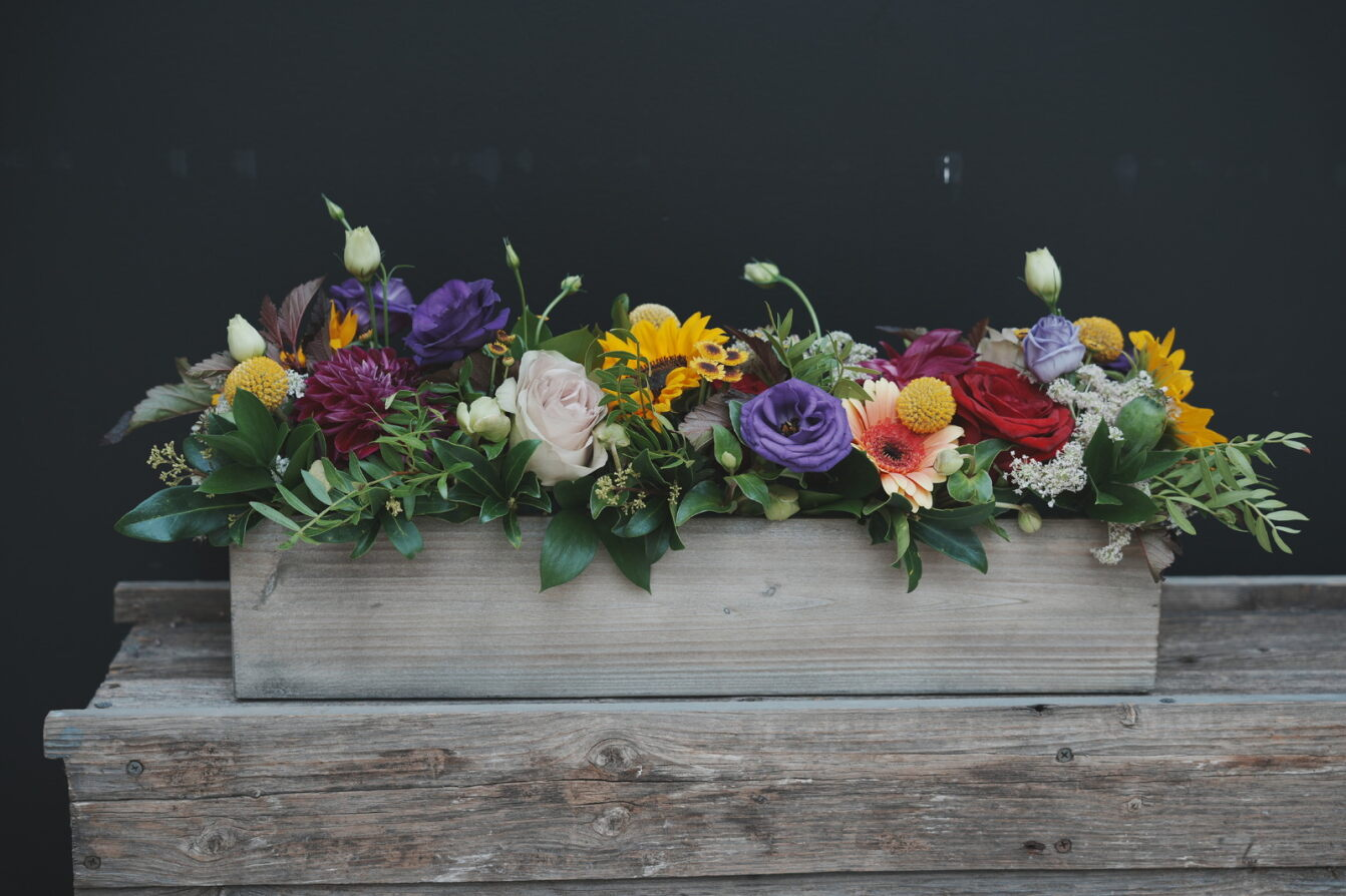 Beautiful long Arrangement in wood box | Salisbury Floral Studio - St. Albert