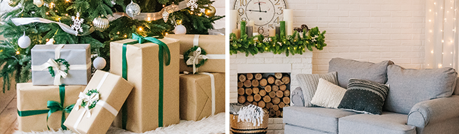 Christmas presents under the tree and holiday decor living room