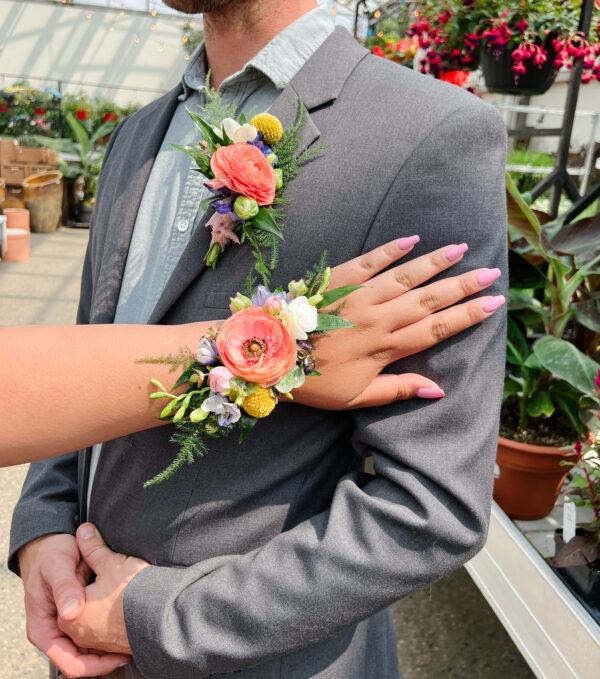 Pop of Color Boutonniere and corsage | Salisbury Floral Studio - St. Albert