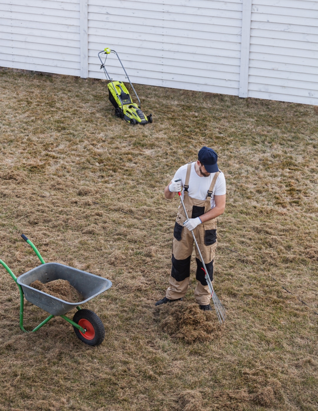 Man raking dormant lawn